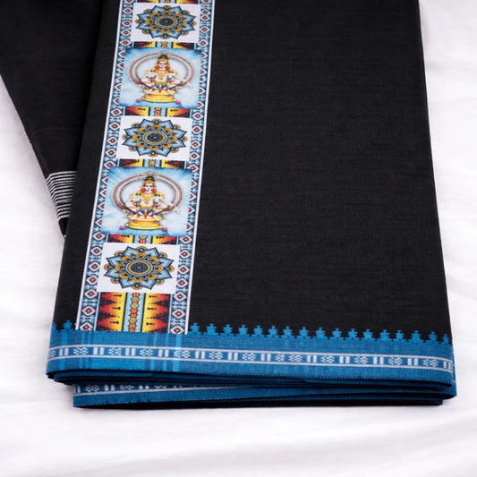 Black printed dhoti with kara Ayyappan design, traditional temple wear by Ramachandra Kuthampully Handlooms.