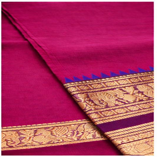 Magenta cotton saree with gold zari border and blue detailing, handwoven by Ramachandra Kuthampully Handlooms.