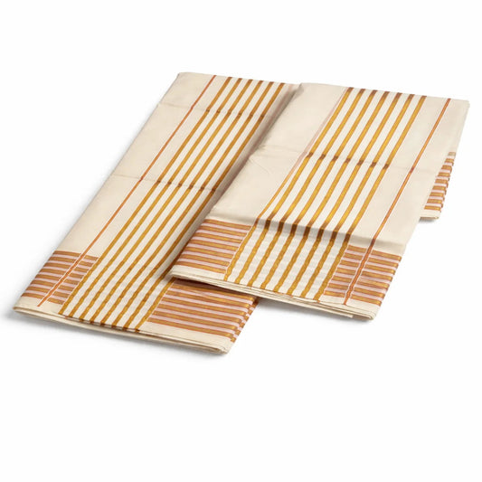 Cotton set mundu with traditional kattikkara border, handwoven by Ramachandra Kuthampully Handlooms.