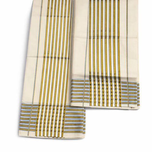 Cotton set mundu with traditional kattikkara border, handwoven by Ramachandra Kuthampully Handlooms.