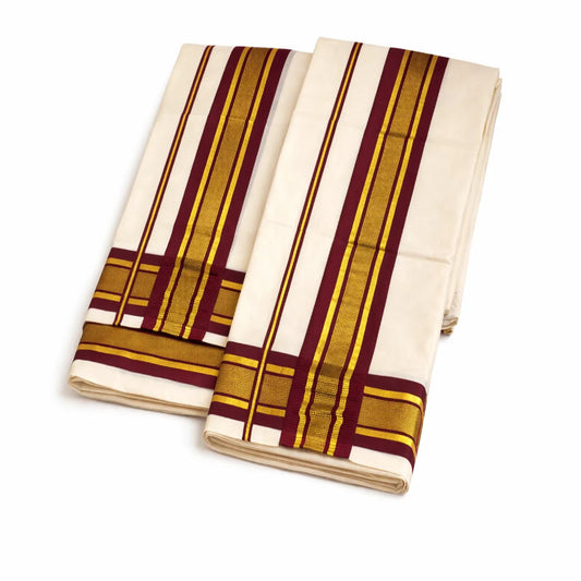 Cotton set mundu with traditional kattikkara border, handwoven by Ramachandra Kuthampully Handlooms.