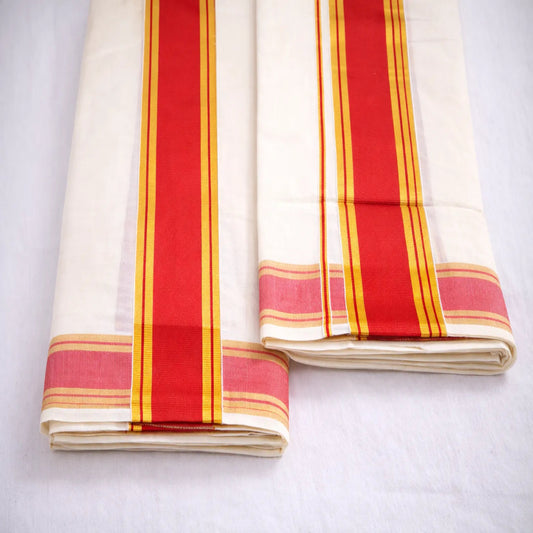 Cotton set mundu with traditional kattikkara border, handwoven by Ramachandra Kuthampully Handlooms.