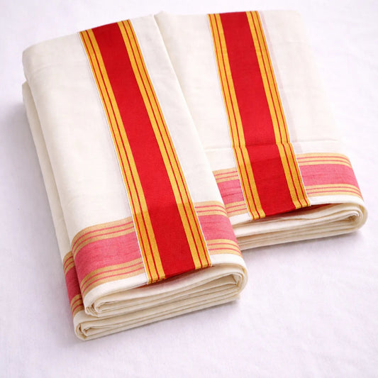 Cotton set mundu with traditional kattikkara border, handwoven by Ramachandra Kuthampully Handlooms.