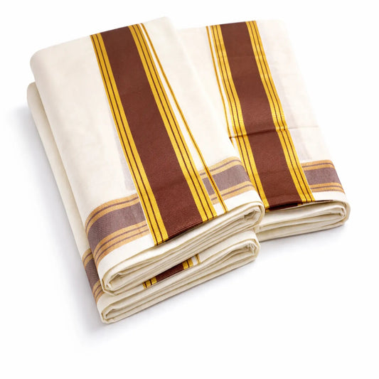 Cotton set mundu with traditional kattikkara border, handwoven by Ramachandra Kuthampully Handlooms.