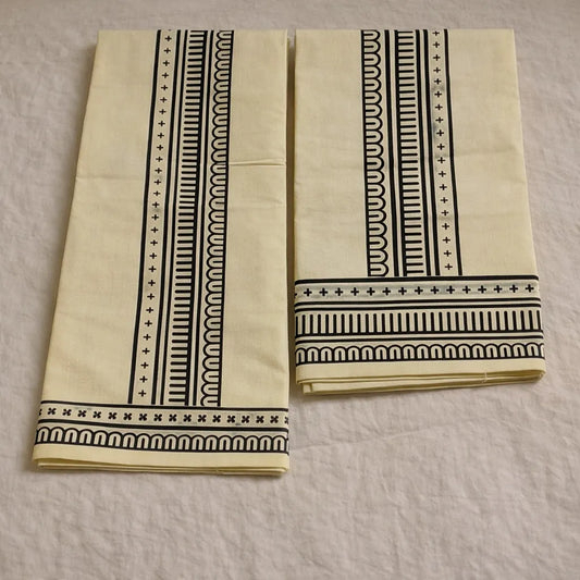 Printed cotton set mundu with designed lblack ine kara border, traditional Kerala handloom by Ramachandra Kuthampully Handlooms.
