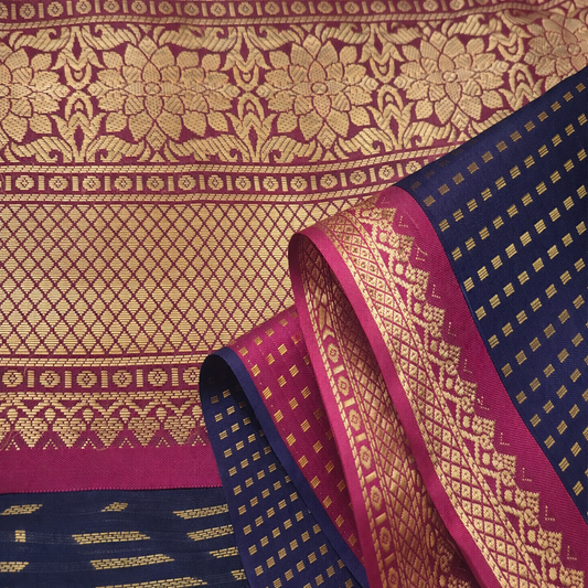Handloom brocade saree with rich woven patterns by Ramachandra Kuthampully Handlooms.
