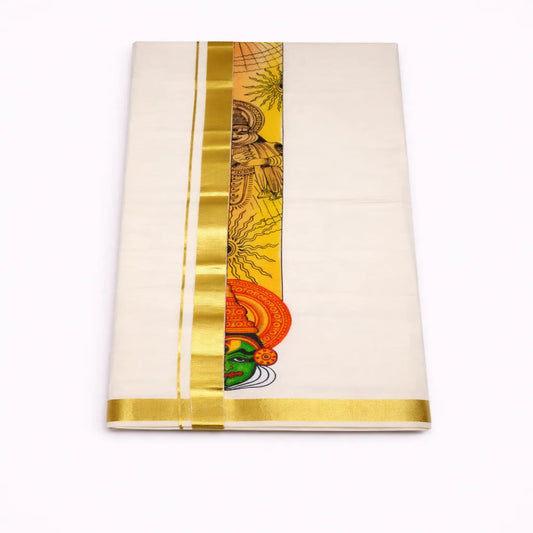 White hand-painted akara mundu with Kathakali face motif and gold border, traditional Kerala handloom by Ramachandra Kuthampully Handlooms.