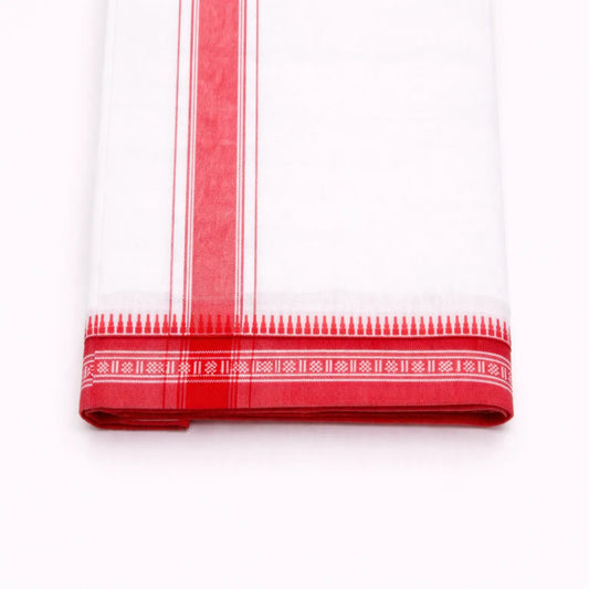 Single peach kara mundu with refined border design, traditional Kerala handloom by Ramachandra Kuthampully Handlooms.