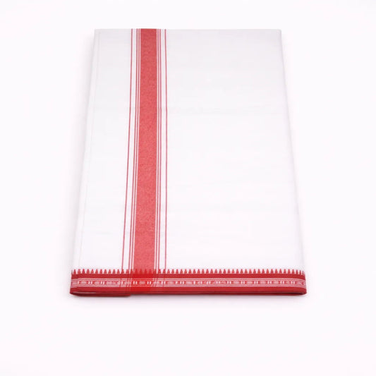 Single peach kara mundu with refined border design, traditional Kerala handloom by Ramachandra Kuthampully Handlooms.