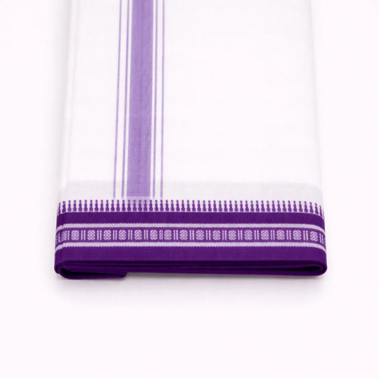 Lavender kara single mundu with elegant border design, traditional Kerala handloom by Ramachandra Kuthampully Handlooms.