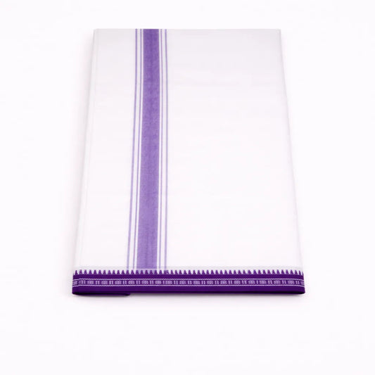 Lavender kara single mundu with elegant border design, traditional Kerala handloom by Ramachandra Kuthampully Handlooms.