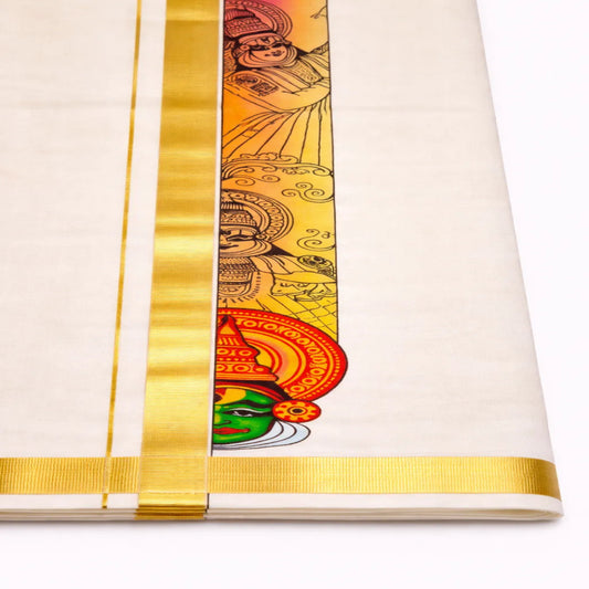 White hand-painted akara mundu with Kathakali face motif and gold border, traditional Kerala handloom by Ramachandra Kuthampully Handlooms.