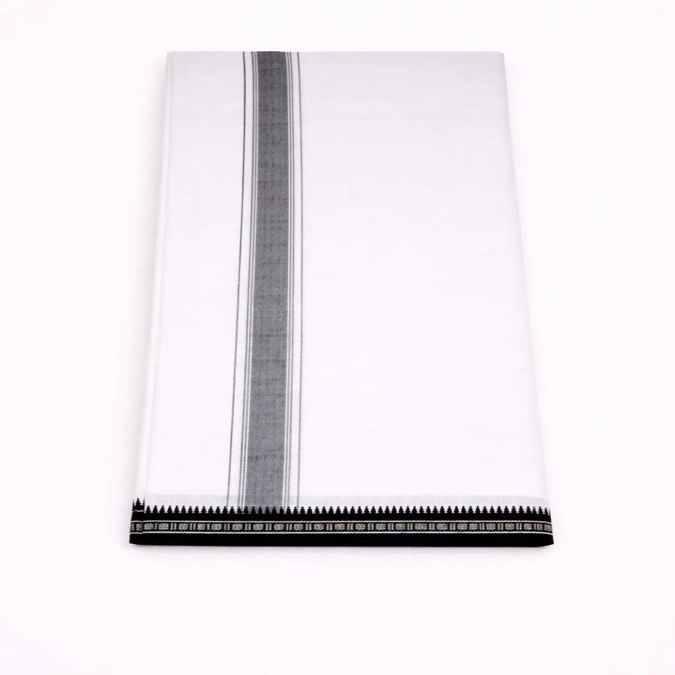 Black kara single mundu with simple border design, traditional Kerala handloom by Ramachandra Kuthampully Handlooms.