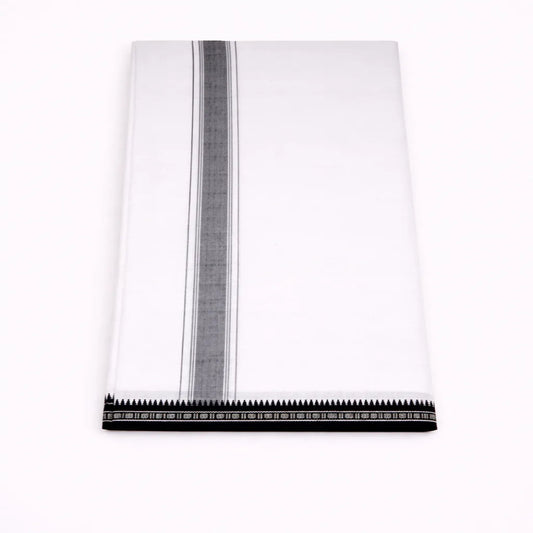 Black kara single mundu with simple border design, traditional Kerala handloom by Ramachandra Kuthampully Handlooms.