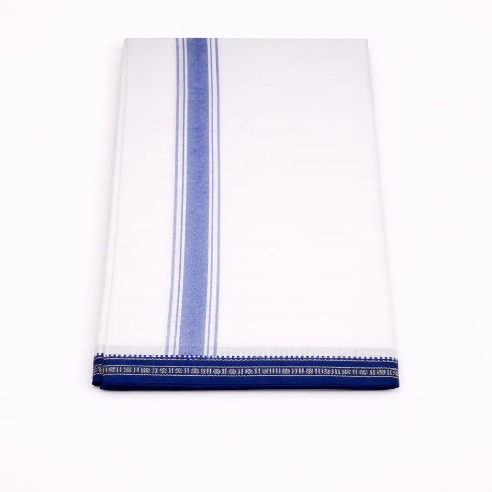 Blue kara single mundu with classic border design, traditional Kerala handloom by Ramachandra Kuthampully Handlooms.