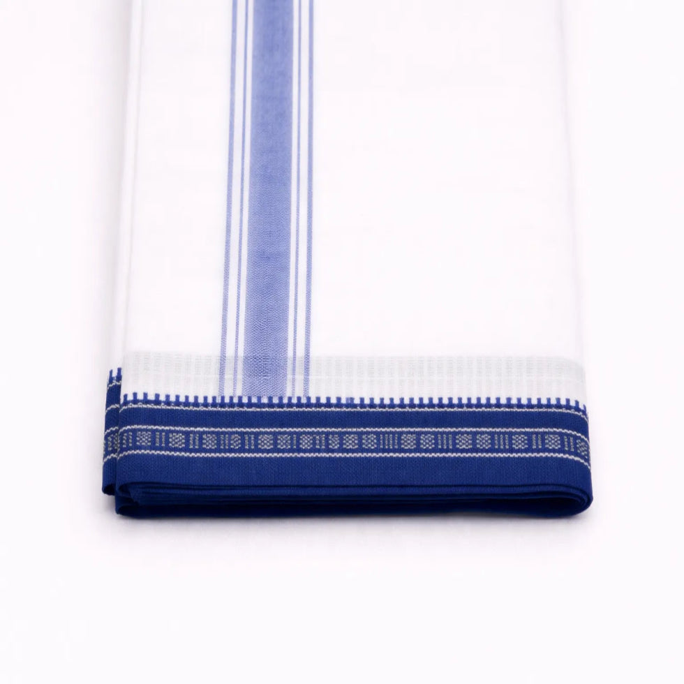 Blue kara single mundu with classic border design, traditional Kerala handloom by Ramachandra Kuthampully Handlooms.