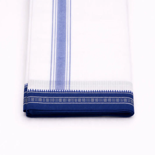 Blue kara single mundu with classic border design, traditional Kerala handloom by Ramachandra Kuthampully Handlooms.