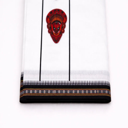 White single designer akara mundu with Theyyam motif, traditional Kerala handloom by Ramachandra Kuthampully Handlooms.