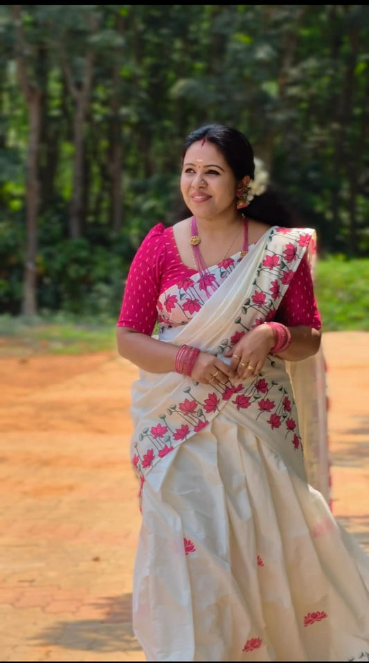 Cotton Print Lotus Dhavani|Ramachandra Handlooms