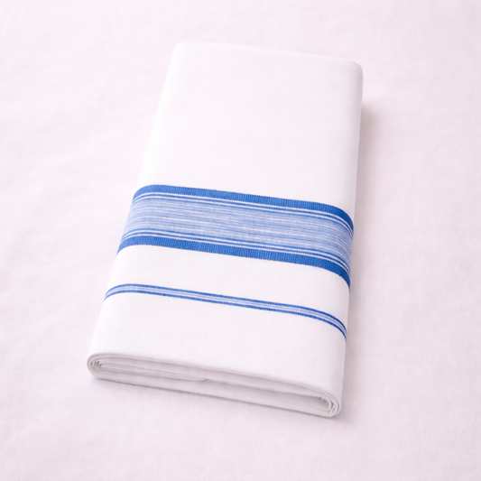 White double mundu with elegant classic kara, traditional Kerala handloom by Ramachandra Kuthampully Handlooms.