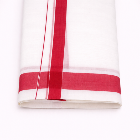 Traditional Kerala double mundu with classic design, handwoven by Ramachandra Kuthampully Handlooms.