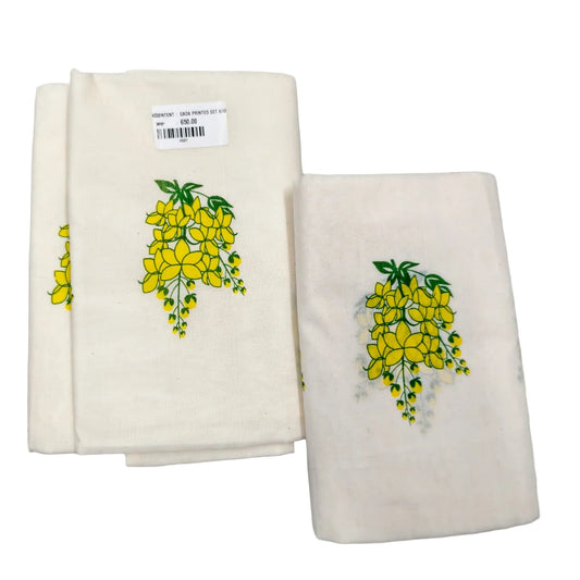 Gada cotton printed mundu with traditional Kerala design by Ramachandra Kuthampully Handlooms.