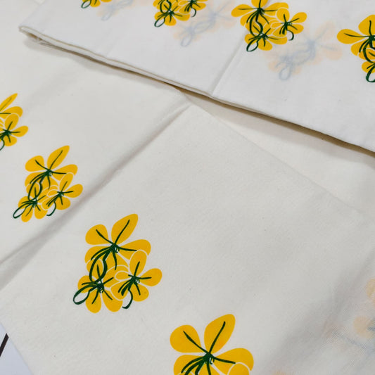 Gada cotton printed mundu with traditional Kerala design by Ramachandra Kuthampully Handlooms.