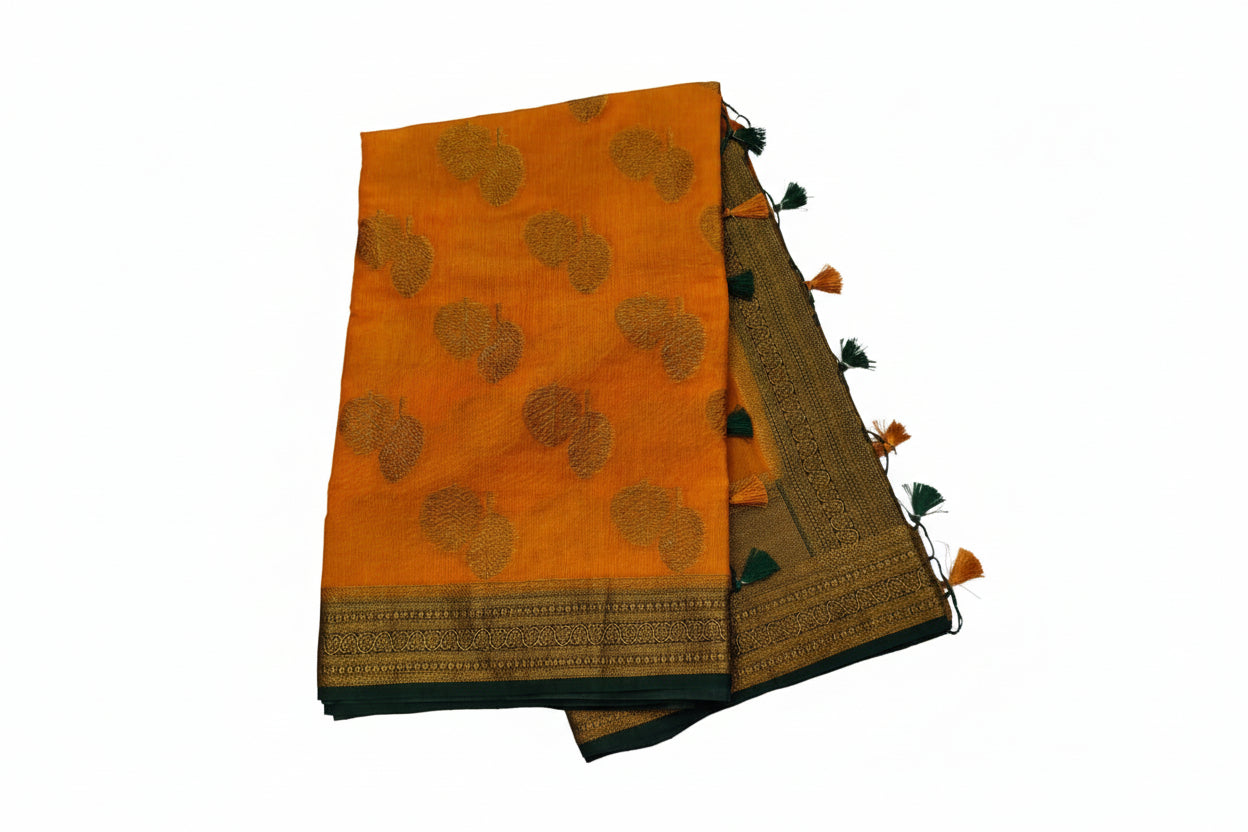 Linen cotton saree with crisp texture and elegant drape by Ramachandra Kuthampully Handlooms.