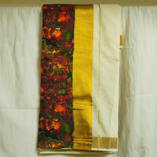 Mural wall paint printed border set saree with traditional Kerala art design, handwoven by Ramachandra Kuthampully Handlooms.