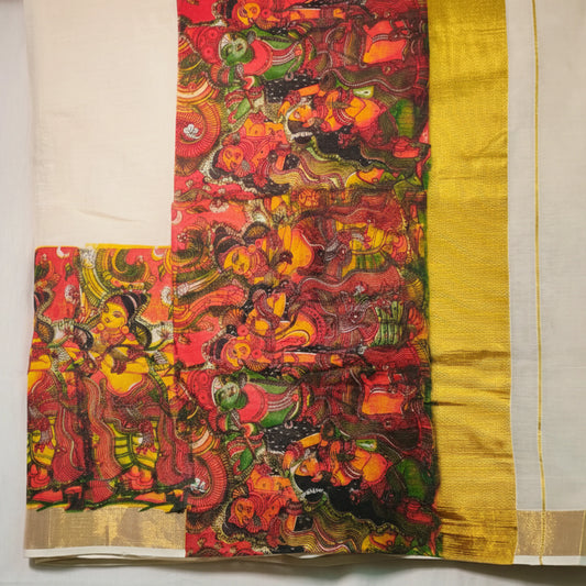 Mural wall paint printed border set saree with traditional Kerala art design, handwoven by Ramachandra Kuthampully Handlooms.
