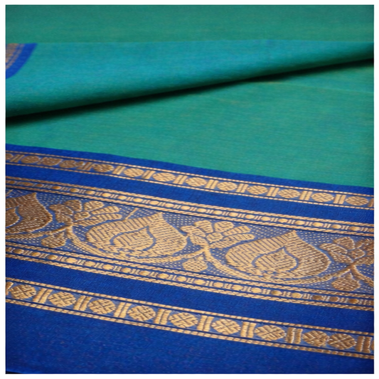 Cotton Saree – Teal Green with Blue & Gold Zari Border | Ramachandra Kuthampully Handlooms