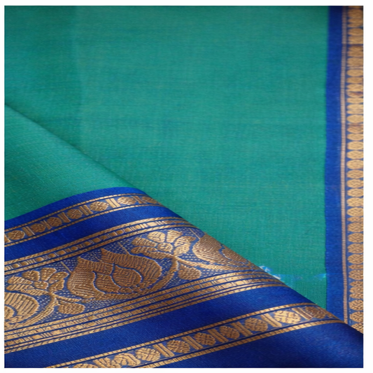 Cotton Saree – Teal Green with Blue & Gold Zari Border | Ramachandra Kuthampully Handlooms