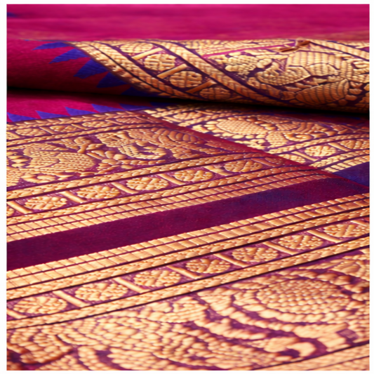 Magenta cotton saree with gold zari border and blue detailing, handwoven by Ramachandra Kuthampully Handlooms.