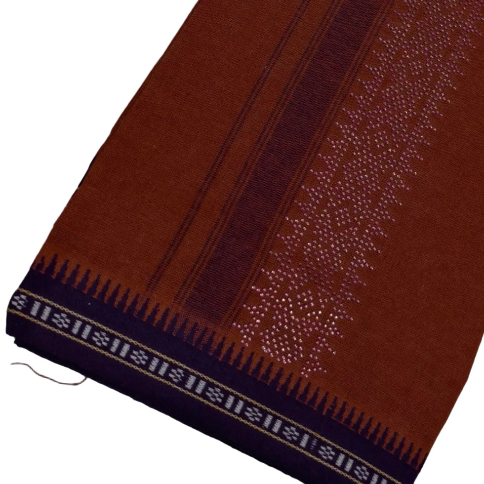 Kavi dhothi with colour dot detailing, traditional Kerala handloom by Ramachandra Kuthampully Handlooms.