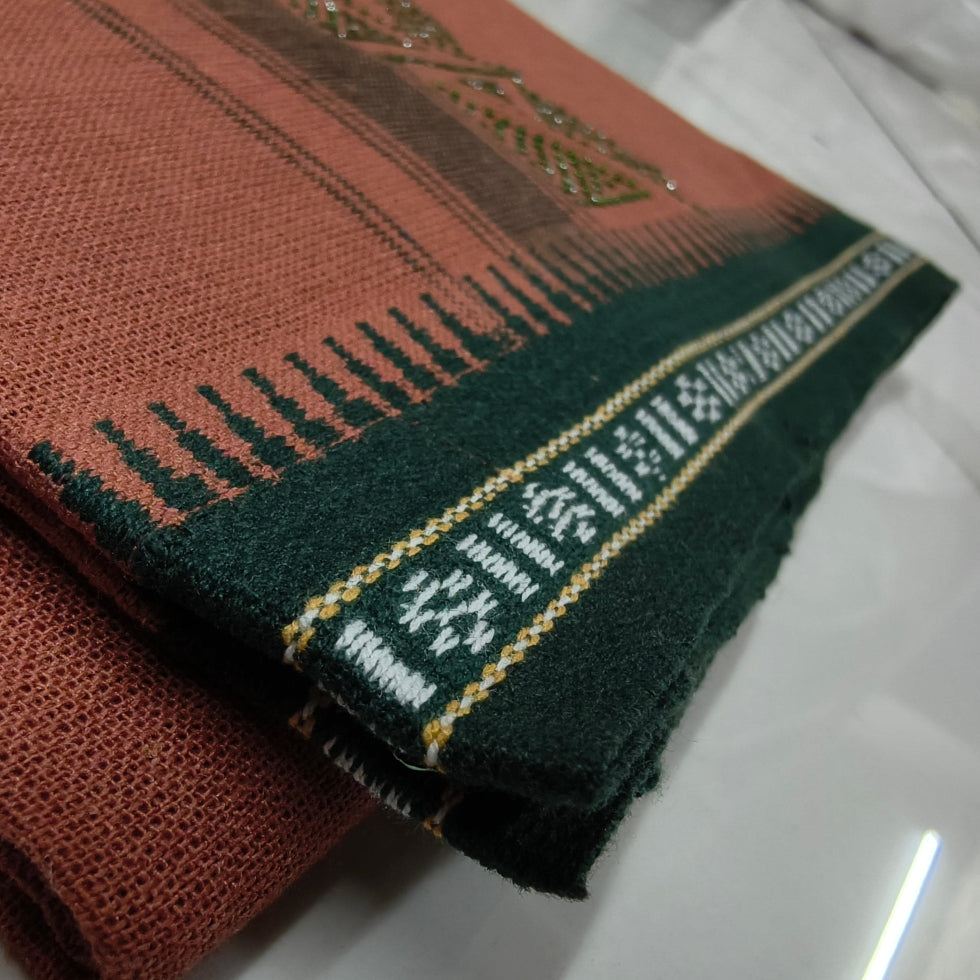 Kavi dhothi with colour dot detailing, traditional Kerala handloom by Ramachandra Kuthampully Handlooms.