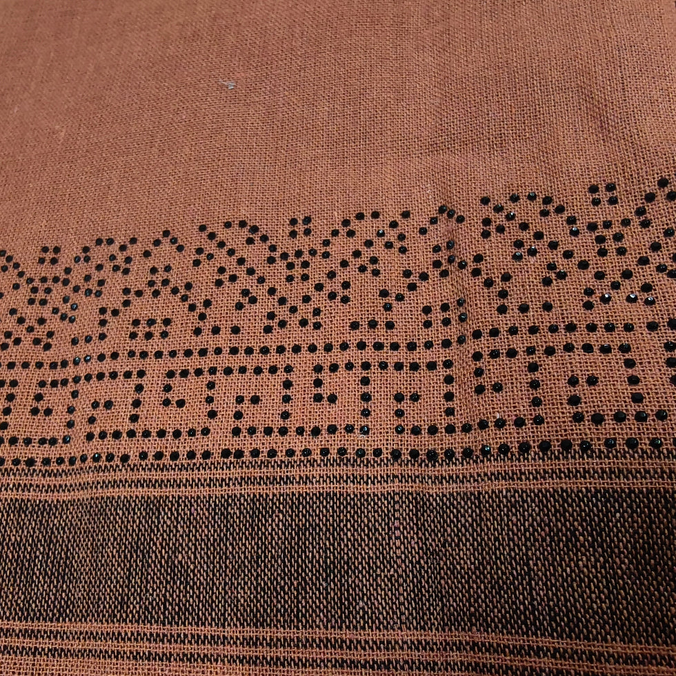 Kavi dhothi with colour dot detailing, traditional Kerala handloom by Ramachandra Kuthampully Handlooms.