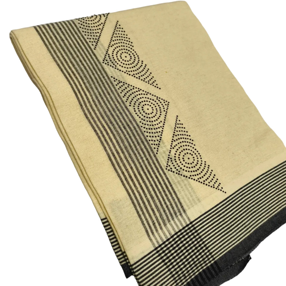 Kavi dhothi with colour dot detailing, traditional Kerala handloom by Ramachandra Kuthampully Handlooms.