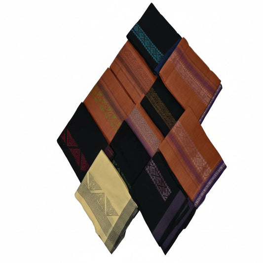 Kavi dhothi with colour dot detailing, traditional Kerala handloom by Ramachandra Kuthampully Handlooms.