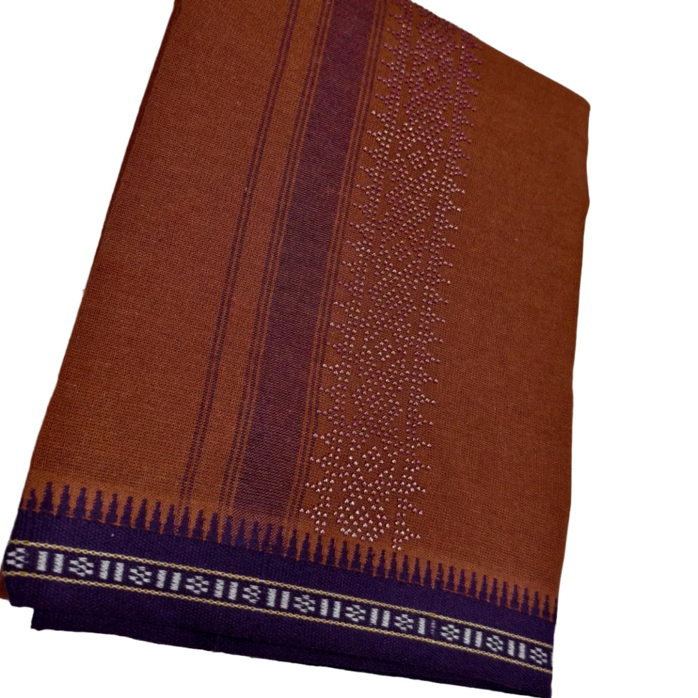 Kavi dhothi with colour dot detailing, traditional Kerala handloom by Ramachandra Kuthampully Handlooms.