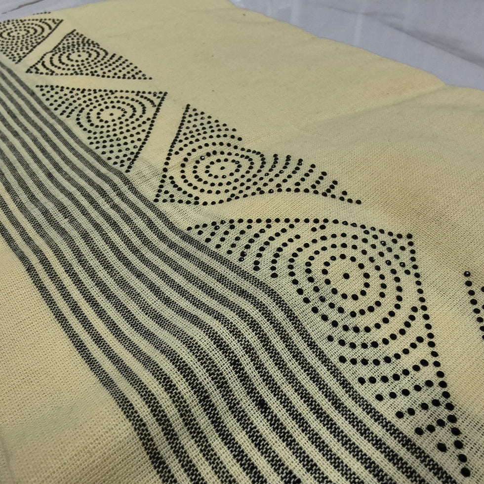 Kavi dhothi with colour dot detailing, traditional Kerala handloom by Ramachandra Kuthampully Handlooms.