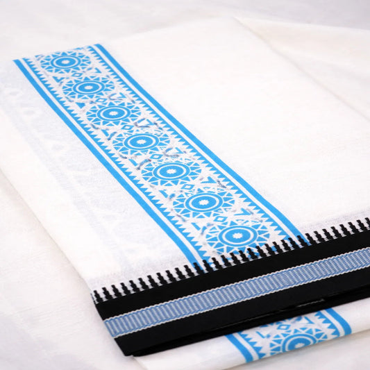 Premium White Single Designer Kara Mundu from Ramachandra Kuthampully Handlooms